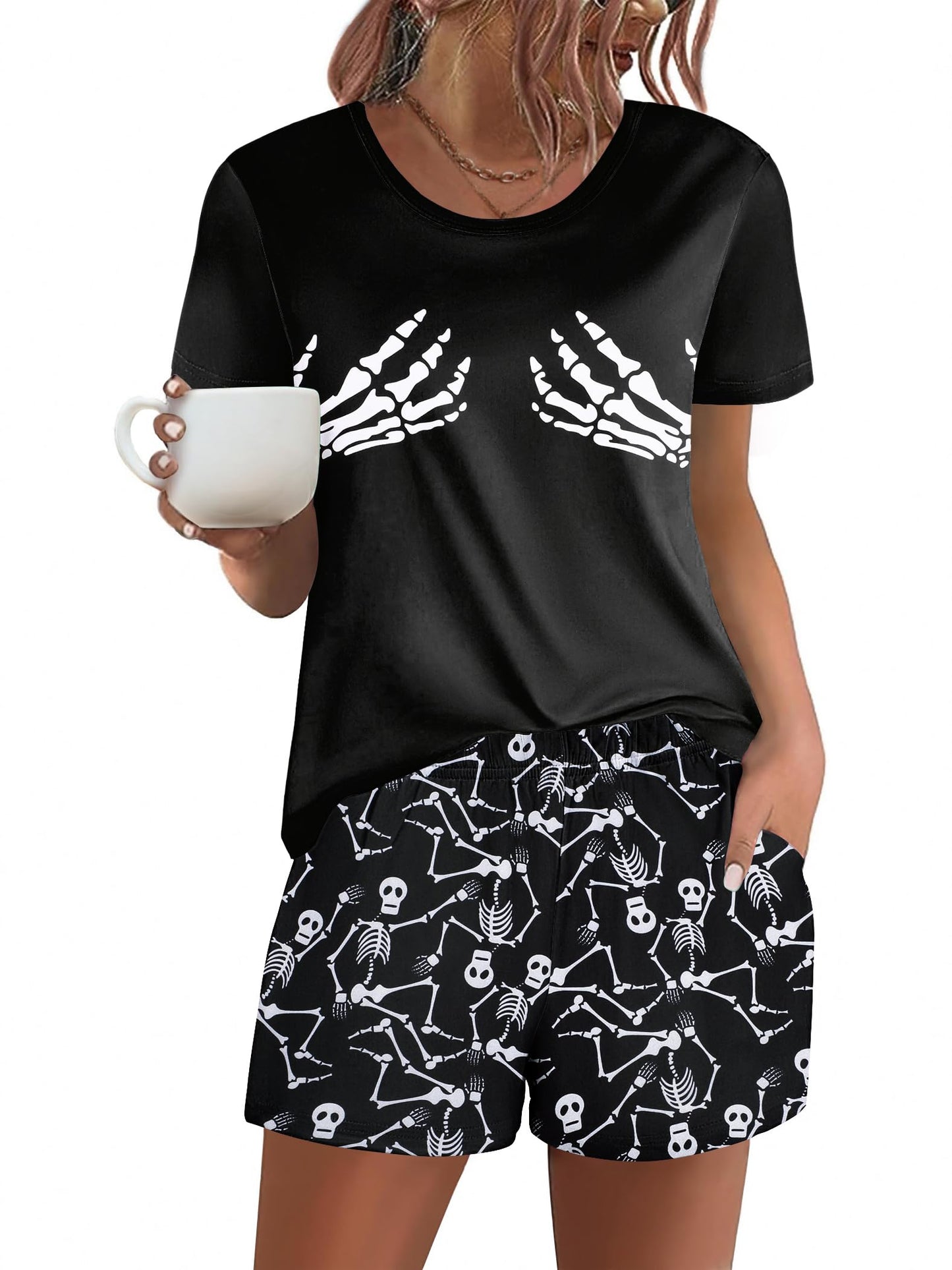 Ekouaer Women's Pajama Sets Short Sleeve Pjs 2 Piece Top and Shorts Sleepwear Comfy Soft Lounge Sets with Pockets Halloween Skeleton Print Small