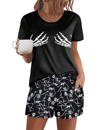 Ekouaer Women's Pajama Sets Short Sleeve Pjs 2 Piece Top and Shorts Sleepwear Comfy Soft Lounge Sets with Pockets Halloween Skeleton Print Small