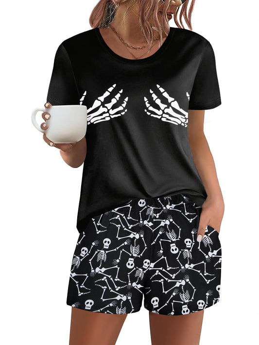 Ekouaer Women's Pajama Sets Short Sleeve Pjs 2 Piece Top and Shorts Sleepwear Comfy Soft Lounge Sets with Pockets Halloween Skeleton Print Large