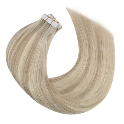 Moresoo Tape in Hair Extensions Human Hair 18 Inch Hair Extensions Tape Real Hair Ash Blonde with Platinum Blonde Tape in Extensions Remy Human Hair #P18/613 20 Pieces/50g