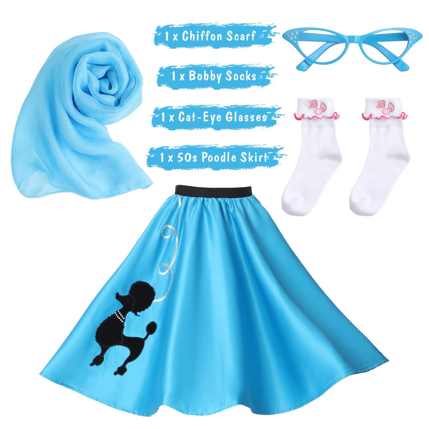 Rabtero Women Sock Hop Costume, Adult 1950s Poodle Dress Costume, 50's Poodle Skirt with Glasses, Scarf and Socks for Women 2-10, S/M, Blue