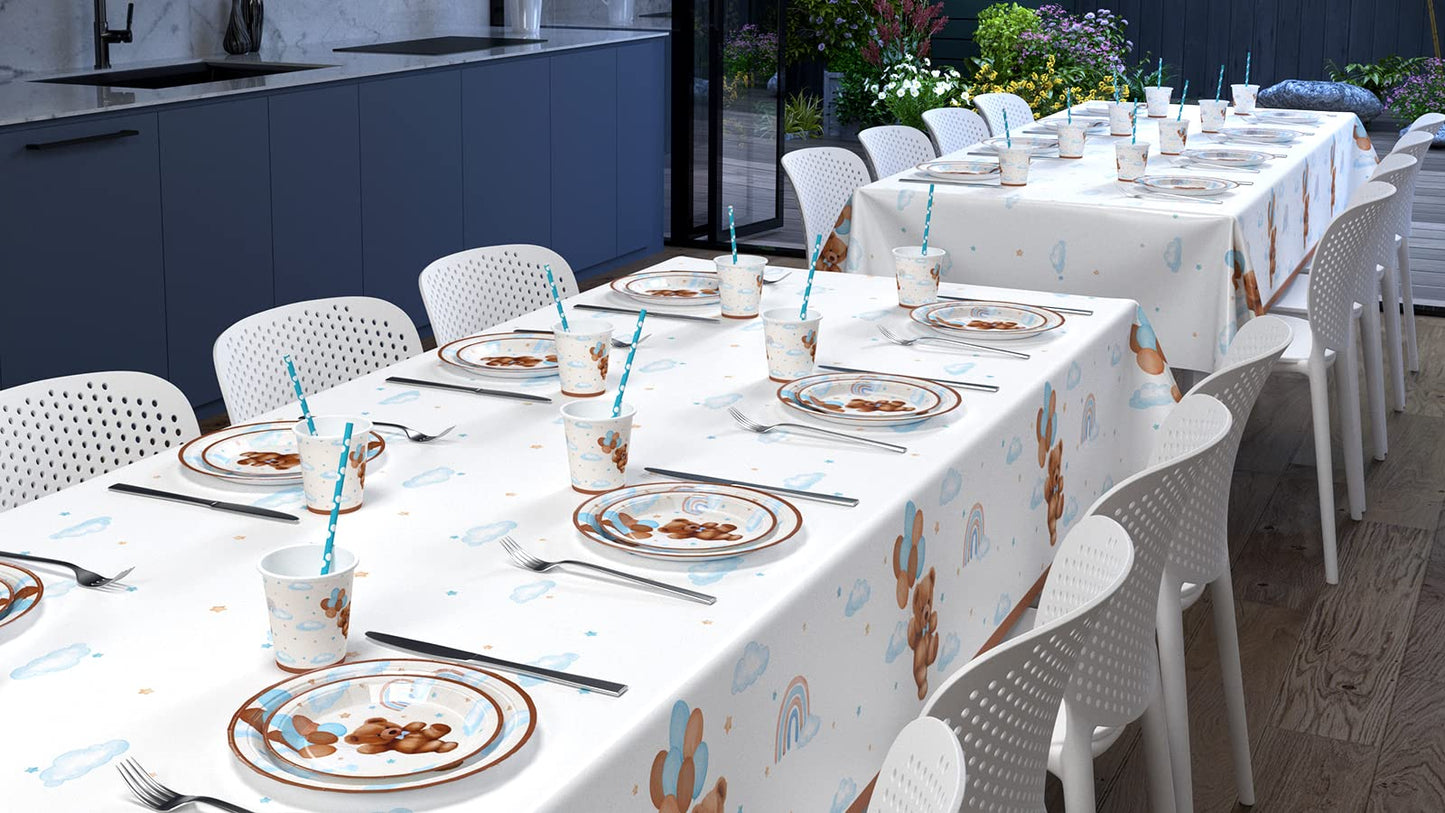Caisehabu 3 Pieces Teddy Bear Baby Shower Tablecloths Plastic Table Cover, Boho Brown Blue Birthday Party Decorations Supplies for Boys Kids Large Size 108×54 Inch Rectangular