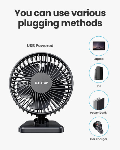 Gaiatop USB Desk Fan, Small But Powerful, Personal Portable Quiet 3 Speeds, Adjustable Mini Table Desktop fan for Cooling Home Office Car Summer Travel Gifts Black