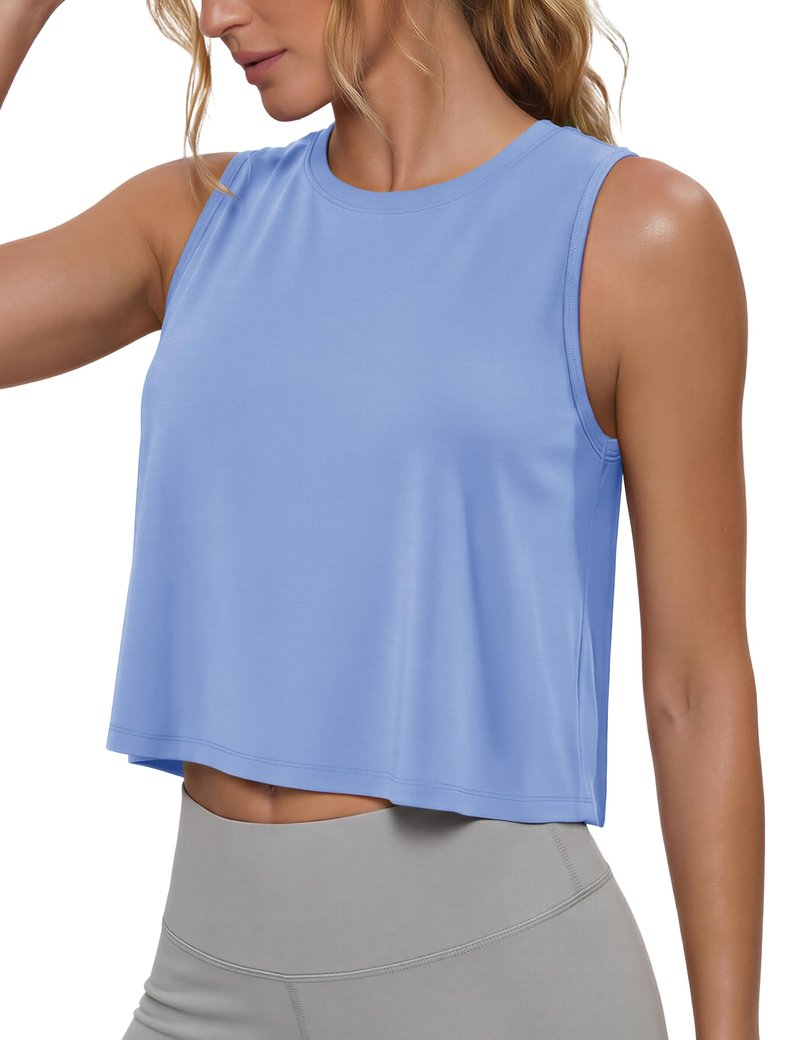 MAGCOMSEN Womens Athletic Tank Tops Cropped Lightblue Shirt Sleeveless Loose Muscle Shirt Dry Fit Yoga Exercise Work S