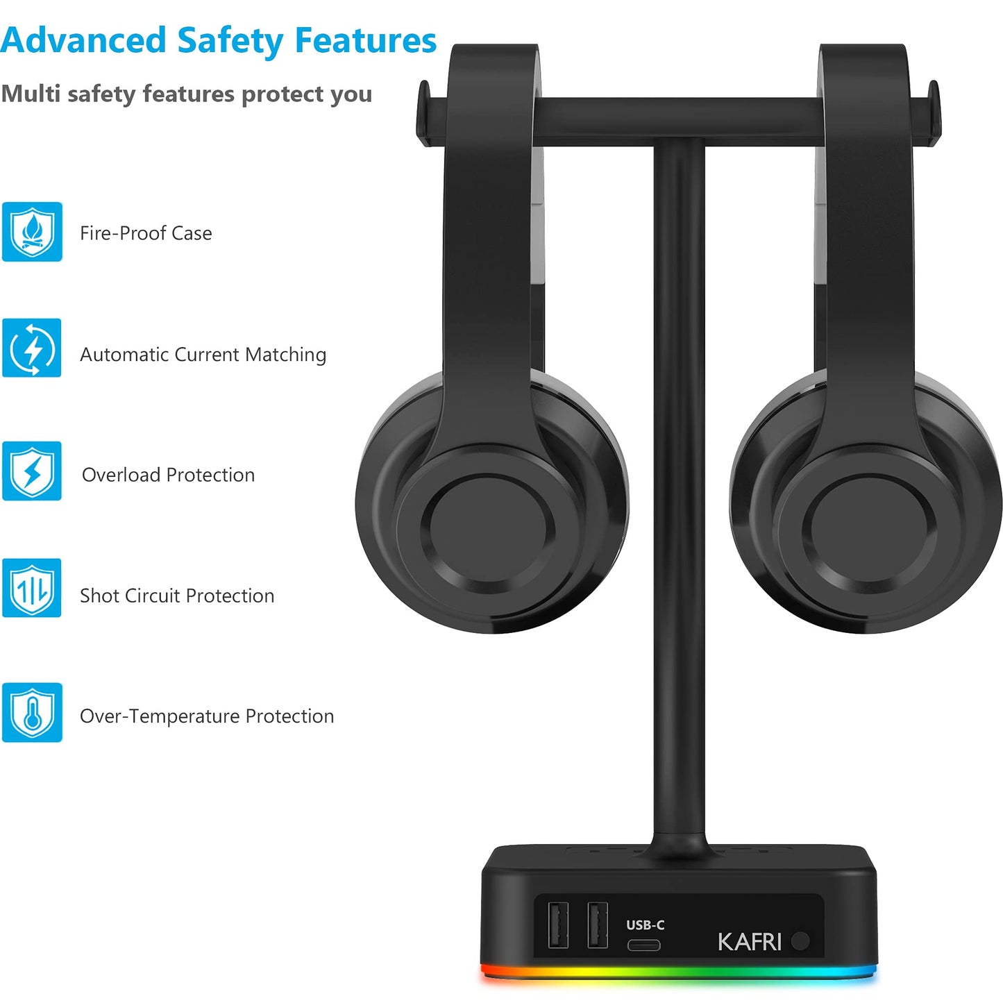 KAFRI RGB Dual Headphone Stand with USB C Charger Desk Gaming Double Headset Holder Hanger Rack with 3 USB Charging Port and 2 Outlet - Suitable for Gamer Desktop Table Game Earphone Accessories Gift