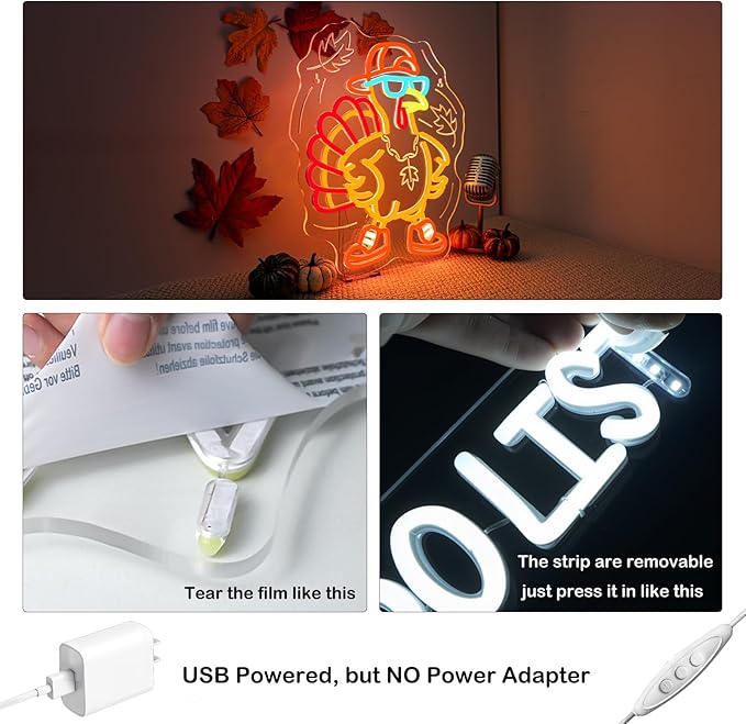 Thanksgiving Turkey Neon Sign Indoor Cool Light Sign Dimmable Turkey LED Light Up Fall Neon Decor for Dining Room Music Classroom Thanksgiving Christmas Party Gift