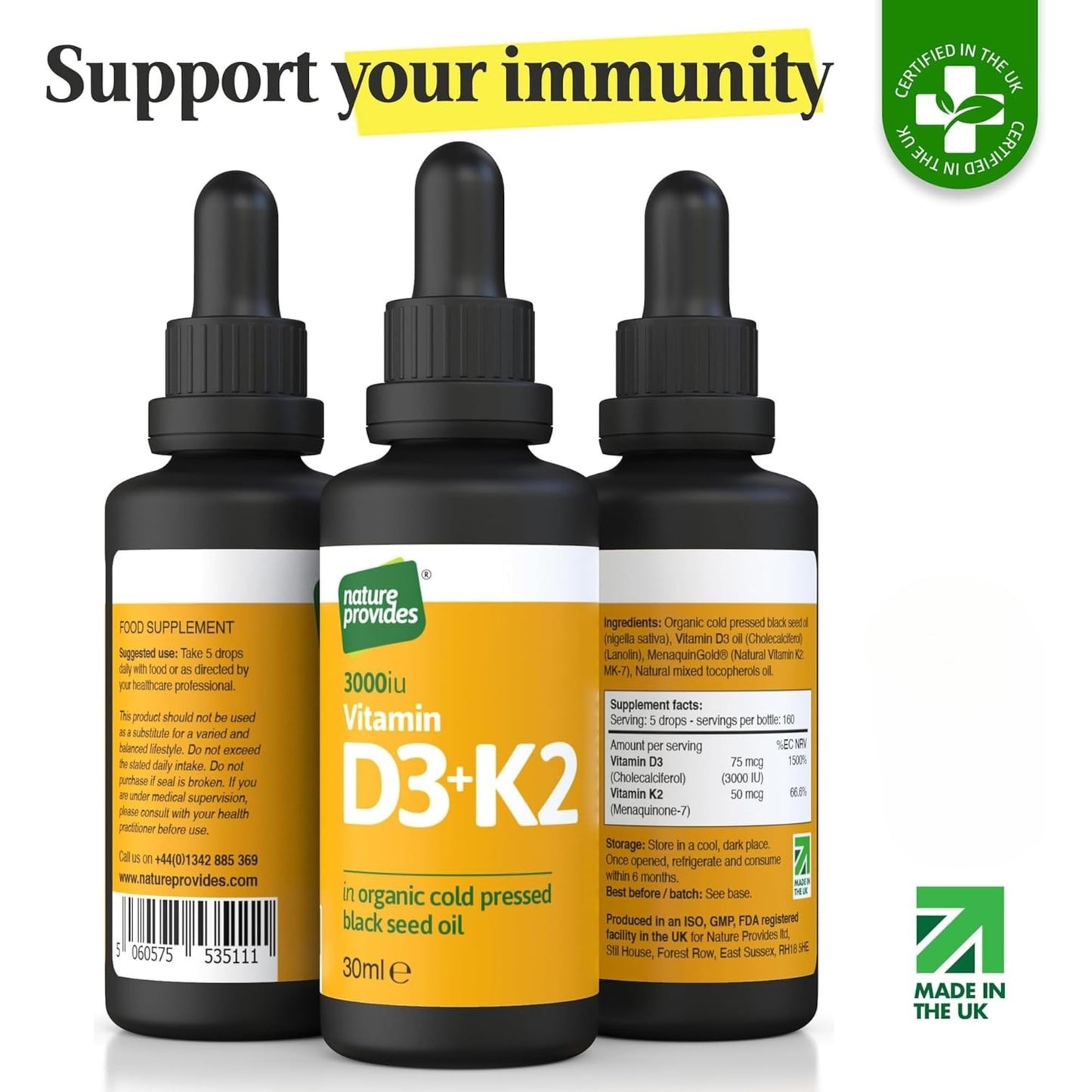 Vitamin D3 & K2 (MK-7) in Organic Black Seed Oil/Nigella Sativa (30ml) - High Strength Liquid (3000IU), 100% Trans MK-7, Immune, Bone Support, Heart Health, Sublingual, Made in UK by Nature Provides
