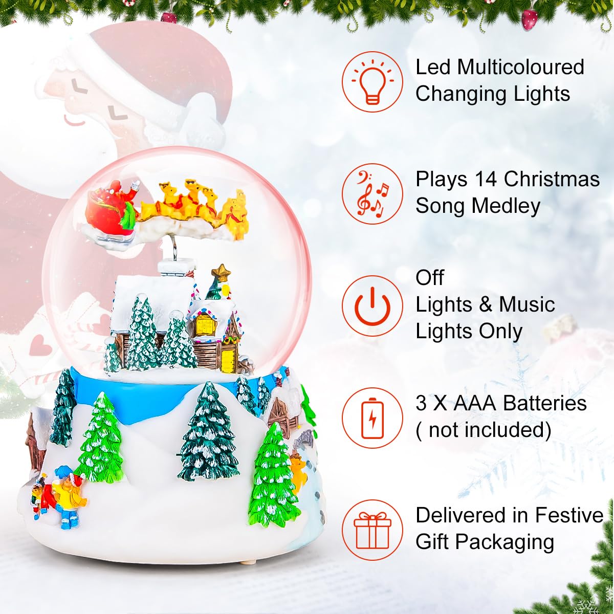 Mr.Winder Christmas Music Box Snow Globe Gift, Musical Rotating Santa Claus Flying Over Village Glitter Xmas Present for Girls Women Girlfriend Daughter Son Granddaughter, Plays 14 Christmas Songs
