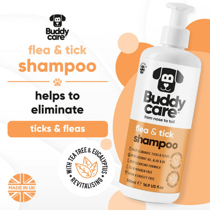 Flea & Tick Dog Shampoo by Buddycare (500ml) Effective Flea Shampoo for Dogs to Help Eliminate Fleas & Ticks Itchy & Sensitive Skin Relief Flea Treatment for Dogs Cleans & Soothes Skin