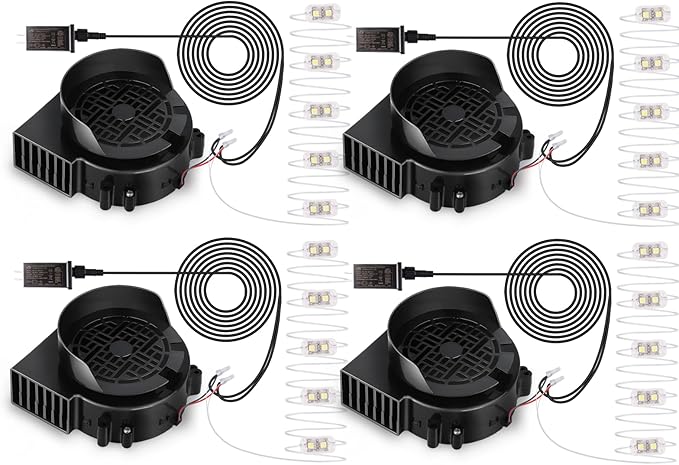 4-Pack Inflatable Fan Replacement, 1.5A Air Fan Blower with 2.0A Adapter and 5 LEDs Bulbs Light Strings for Halloween, Thanksgiving and Christmas Inflatables (IP68 Waterproof, 5.0 * 5.0'')