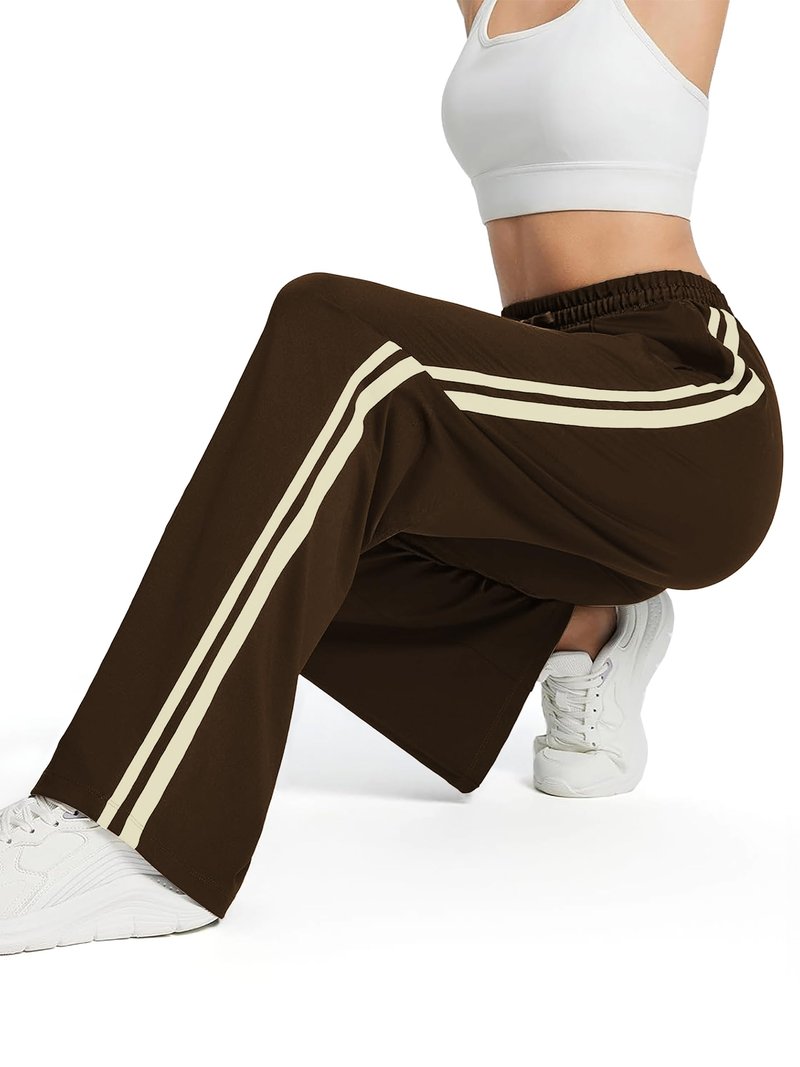 Tapata Long Womens 32" Inseam Track Pants Relaxed Fit Striped Workout Sweatpants Baggy Trousers with Zipper Pockets, Brown, L