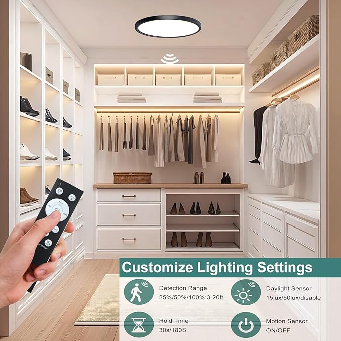 12 Inch Motion Sensor Ceiling Light Indoor,Motion Sensor Fixture Indoor for Closet Hallway Laundry Porch Pantry, Hard Wired Sensor Ceiling Light Black