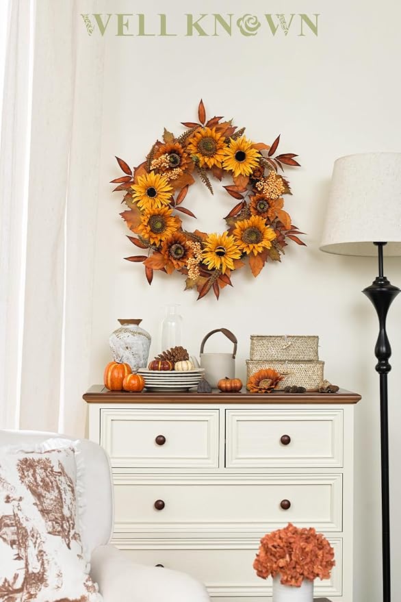 WELL KNOWN 21 Inch Burnt Orange Sunflower Wreaths for Front Door, Summer and Fall Door Wreath, Handmade Silk Sunflower Decor for Home Party Festival Wedding Decor