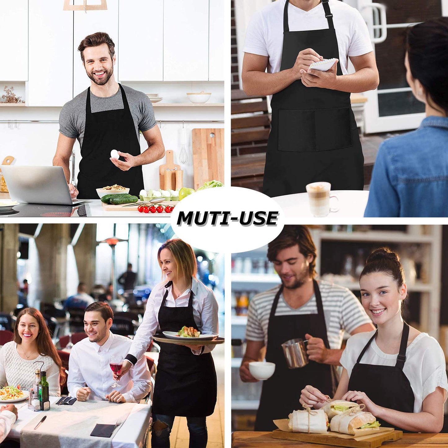 4 Packs Chef Apron, Waterproof Catering Apron with 2 Pockets, Adjustable Work Aprons Perfect for Kitchen Cooking Painting Gardening Cleaning Restaurant BBQ, Personalised Aprons (Black)