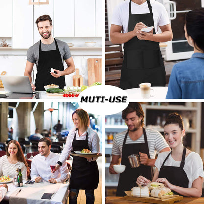 4 Packs Chef Apron, Waterproof Catering Apron with 2 Pockets, Adjustable Work Aprons Perfect for Kitchen Cooking Painting Gardening Cleaning Restaurant BBQ, Personalised Aprons (Black)