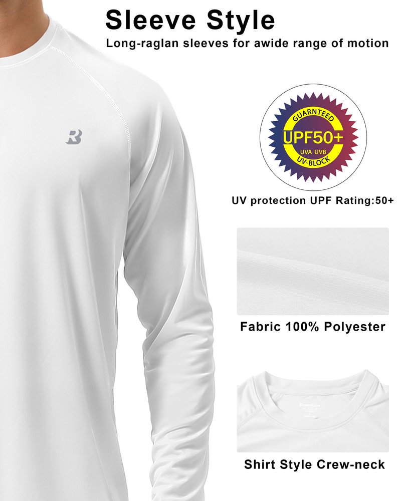 Roadbox Mens UPF 50+ UV Sun Protection Shirts Outdoor Long Sleeve SPF Diving Rash Guard for Fishing Hiking Swimming White