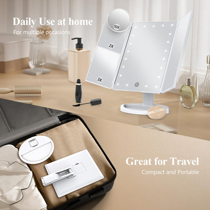 HUONUL Makeup Mirror Vanity with Lights, 2X 3X 10X Magnification, Touch Control, Trifold Mirror, Dual Power Supply, Gifts for Women, Wife, Mom, Teengirls(White)