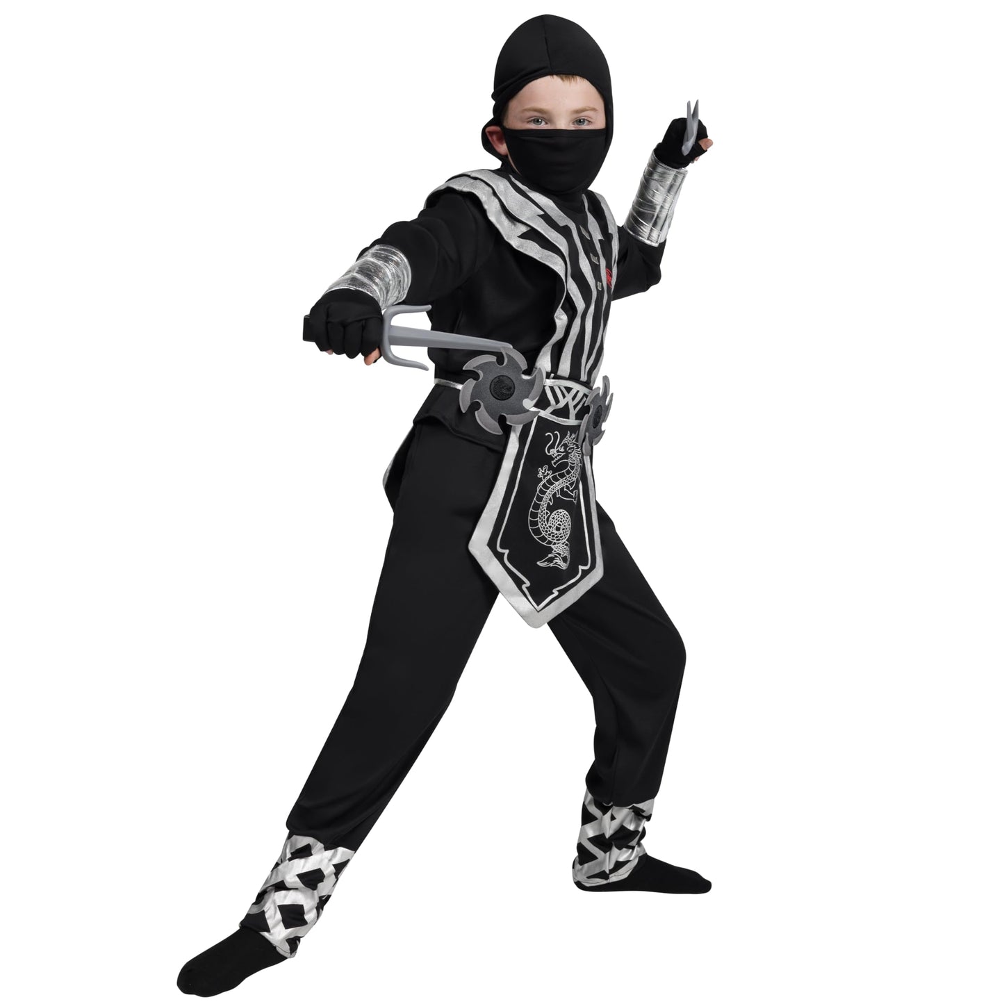 Spooktacular Creations Halloween Ninja Costume for Kids, Silver Boys Ninja Costume, Toddler Accessories Outfit Set for Dress Up and Cosplay Party, S