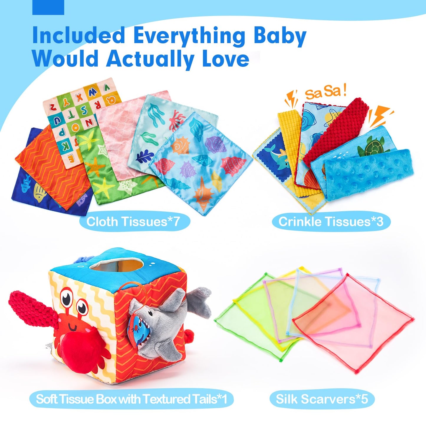 hahaland Baby Tissue Box Toy - Baby Toys 6-12 Months Montessori Toys for 6 Month Old with Textured Tails, Cloth Tissues, Crinkle, Squeaky Sounds, Mirror - Gifts Play Silks Sensoy Scarves for Babies