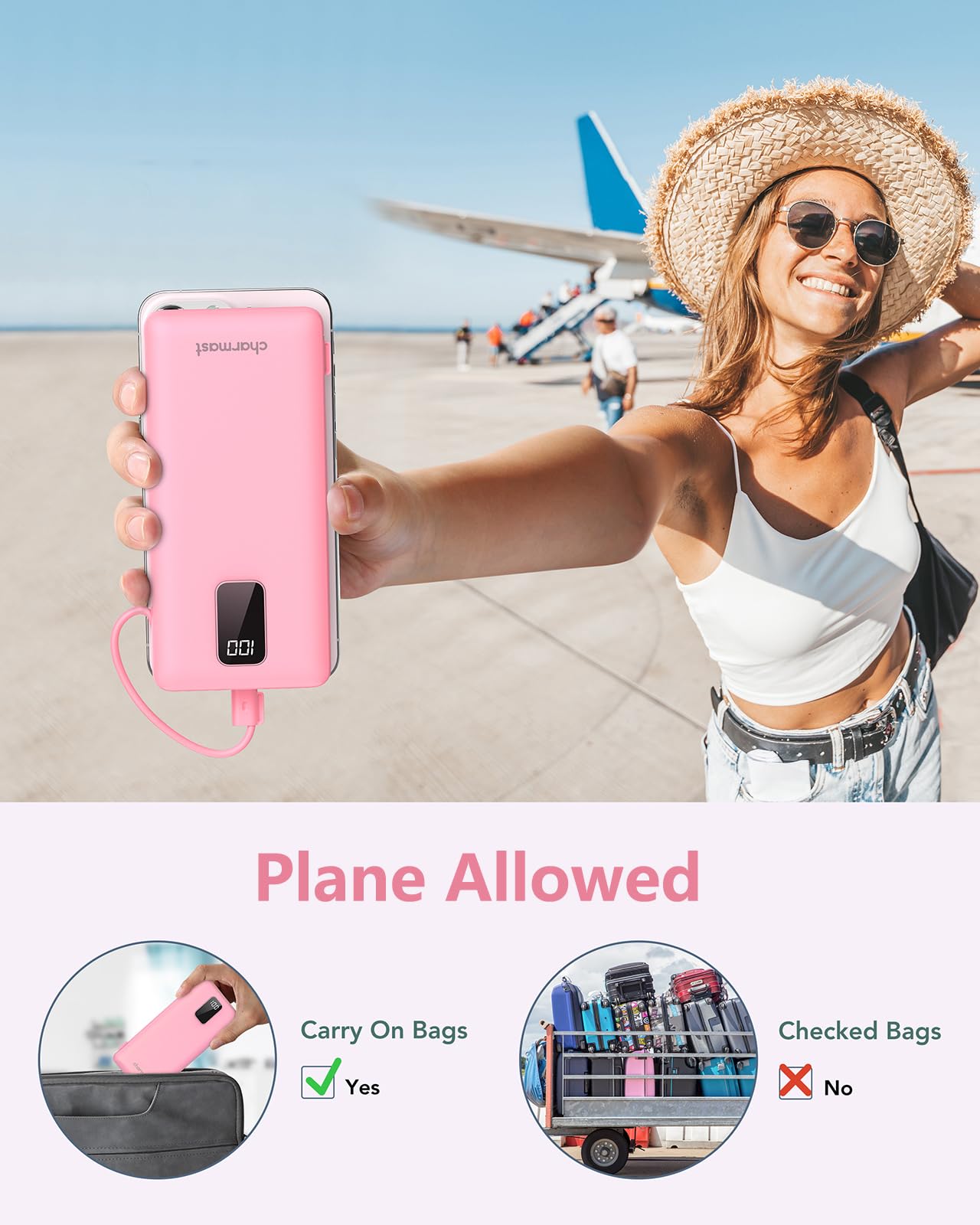 Charmast Portable Charger with Built-in Cables & Wall Plug, 10000mAh Portable Power Bank, External Battery Pack Travel Essentials Compatible with iPhone 16/15/14/13, Samsung, iPad etc