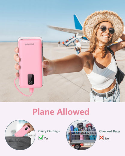 Charmast Portable Charger with Built-in Cables & Wall Plug, 10000mAh Portable Power Bank, External Battery Pack Travel Essentials Compatible with iPhone 16/15/14/13, Samsung, iPad etc