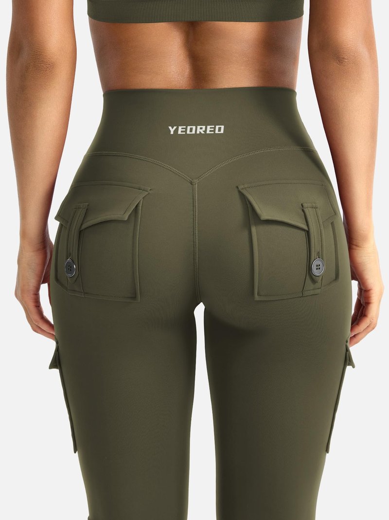YEOREO CoreFlex Women Workout Flare Leggings with Pockets Hidden Scrunch High Waisted Cargo Gym Yoga Leggings Army Green XL