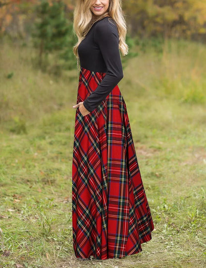 MEROKEETY Women's Plaid Long Sleeve Empire Waist Full Length Maxi Dress, Red#1, Large