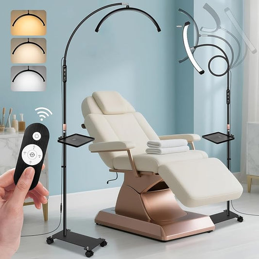 KIRKAS Lash Light Half Moon Lamp with Tool Tray, Flexible Gooseneck Lash Nail Tech for Esthetician Eyelash Extension, Tattoo, 18 Inch LED Floor Lamp with Roller Base Adjustable Brightness Color-Black
