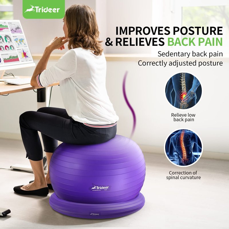Trideer Yoga Ball Chair With Base & Bands for Home Gym Workout - Exercise Ball for Abs, Stability & Balance Seat to Relieve Back Pain (L(23-26ines/58-65cm), Purple)