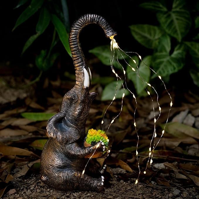 Elephant Garden Statue with Solar Watering Lights, Outdoor Resin Animal Sculpture for Patio, Lawn, Yard – Unique Gift for Women, Mom, Grandma (Copper Succulents)