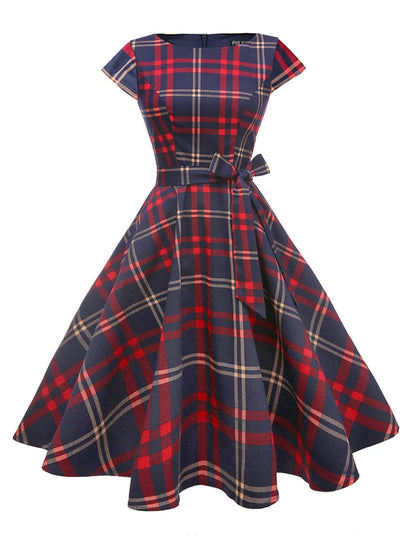 PUKAVT Women's 1950 Boatneck Cap Sleeve Vintage Swing Cocktail Party Dress with Pockets Red Plaid L