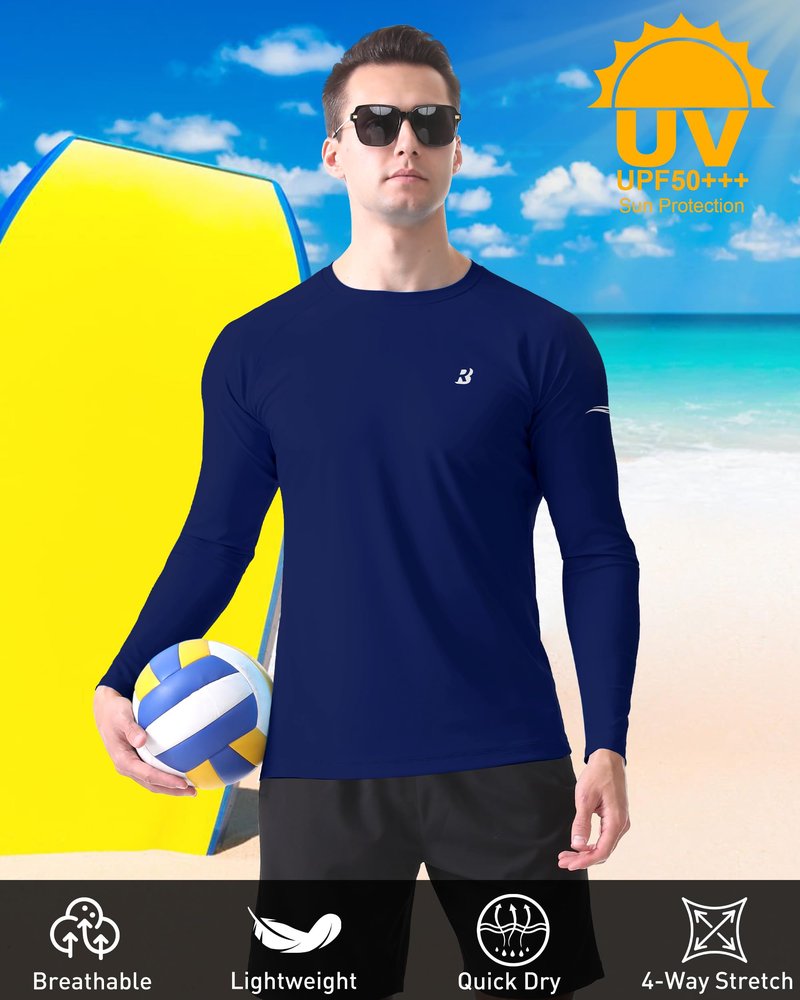 Roadbox Mens UPF 50+ Swim Shirt, Long Sleeve Sun Protection Rash Guard, Slim Fit Fishing Shirts for Beach Surfing Hiking Navy Blue