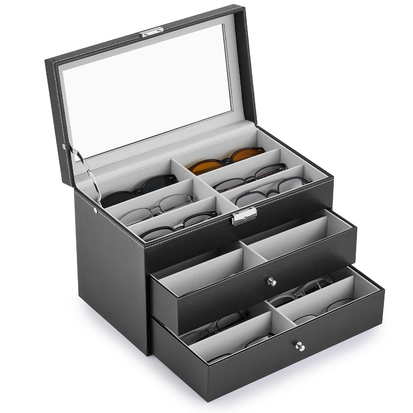 CO-Z 18 Compartment Sunglasses Organizer, Leather Eyeglasses Storage Box for Women Men, Lockable Eyewear Display Case with Drawer, Glasses Holder with 18 Slots for Watches Jewelry Collection, Black