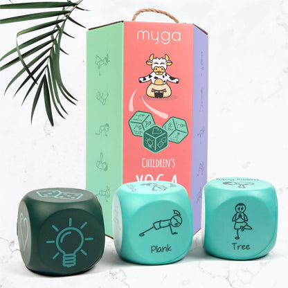 Myga Childrens Yoga Dice Game - Set of 3 Soft Foam Yoga Dice, Complete with 1 Action Dice & Two Pose Dice - Great Fitness and Workout Fun, Endless Combinations to Explore - Childrens