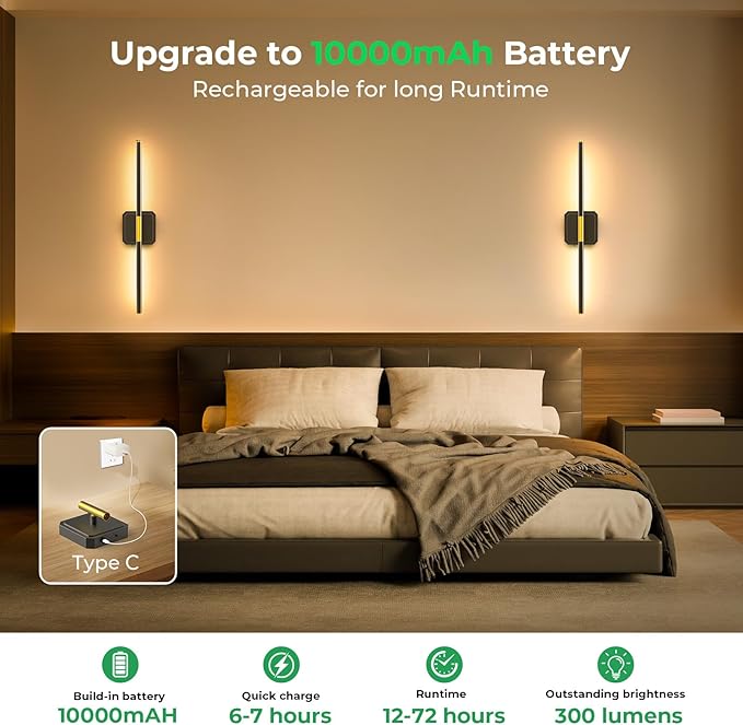 10000mAh Detachable Battery Operated Wall Sconce, Wireless Wall Lamp 360°Rotate,3000-6500K Dimmable, Rechargeable Modern Wall Light for Bedroom, Living Room，28.3" Black Gold (1 Pack)