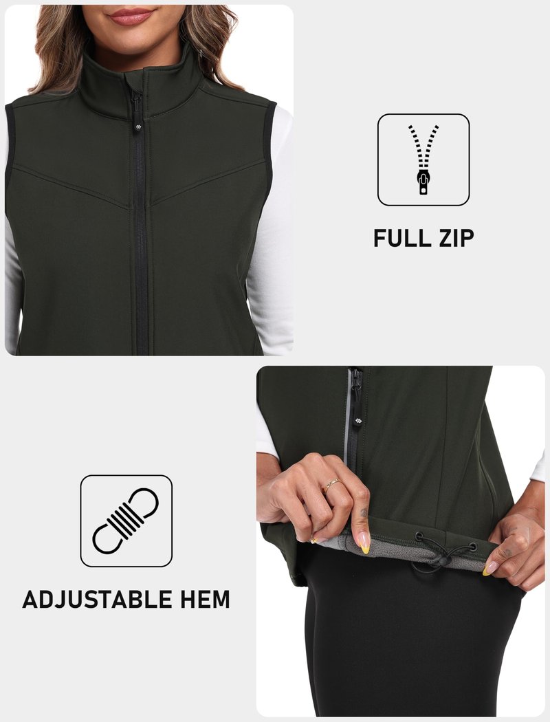 MoFiz Women's Lightweight Softshell Vest Windproof Fleece Lined Zip Up Sleeveless Insulated Jacket for Fall Winter Army Green M