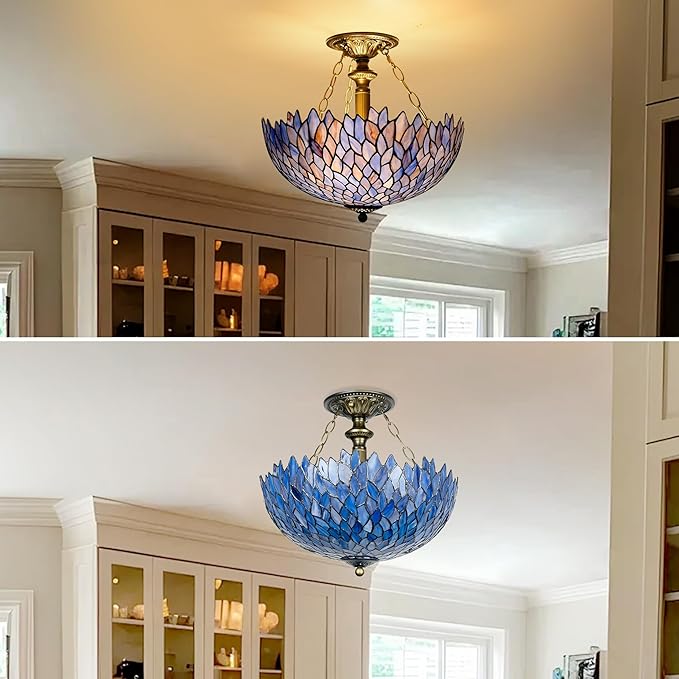 Tiffany Ceiling Light Fixture Deep Blue Purple Wisteria Stained Glass Semi Flush Mount Lamp Wide 16 Inch Height 15 Inch Tiffany Ceiling Lamp (Blue)