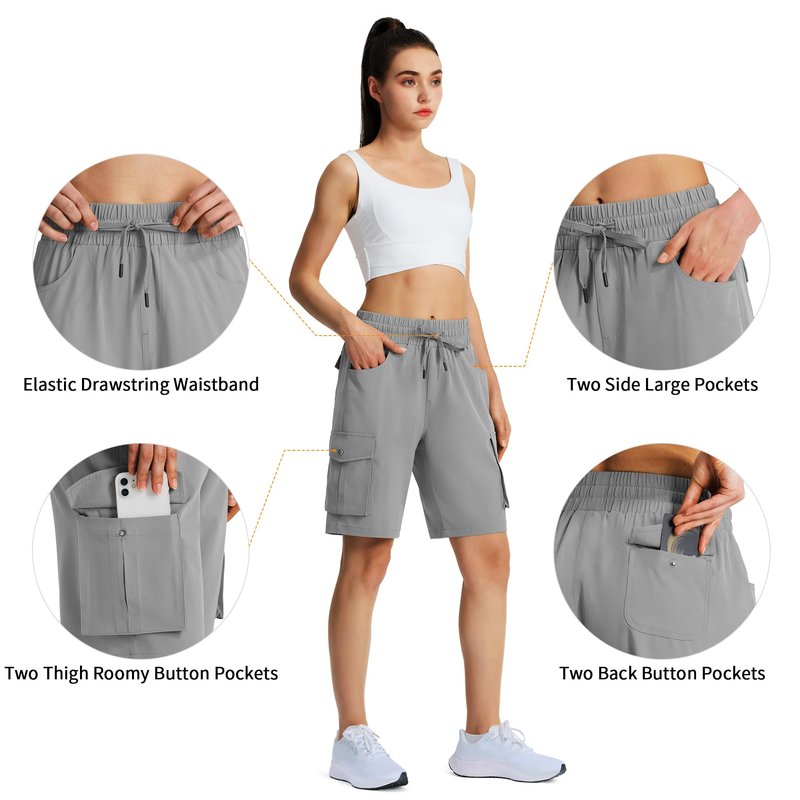 Hugut Women's 9" Hiking Cargo Shorts Quick Dry Lightweight Summer Shorts for Camping Travel Golf 6 Pockets