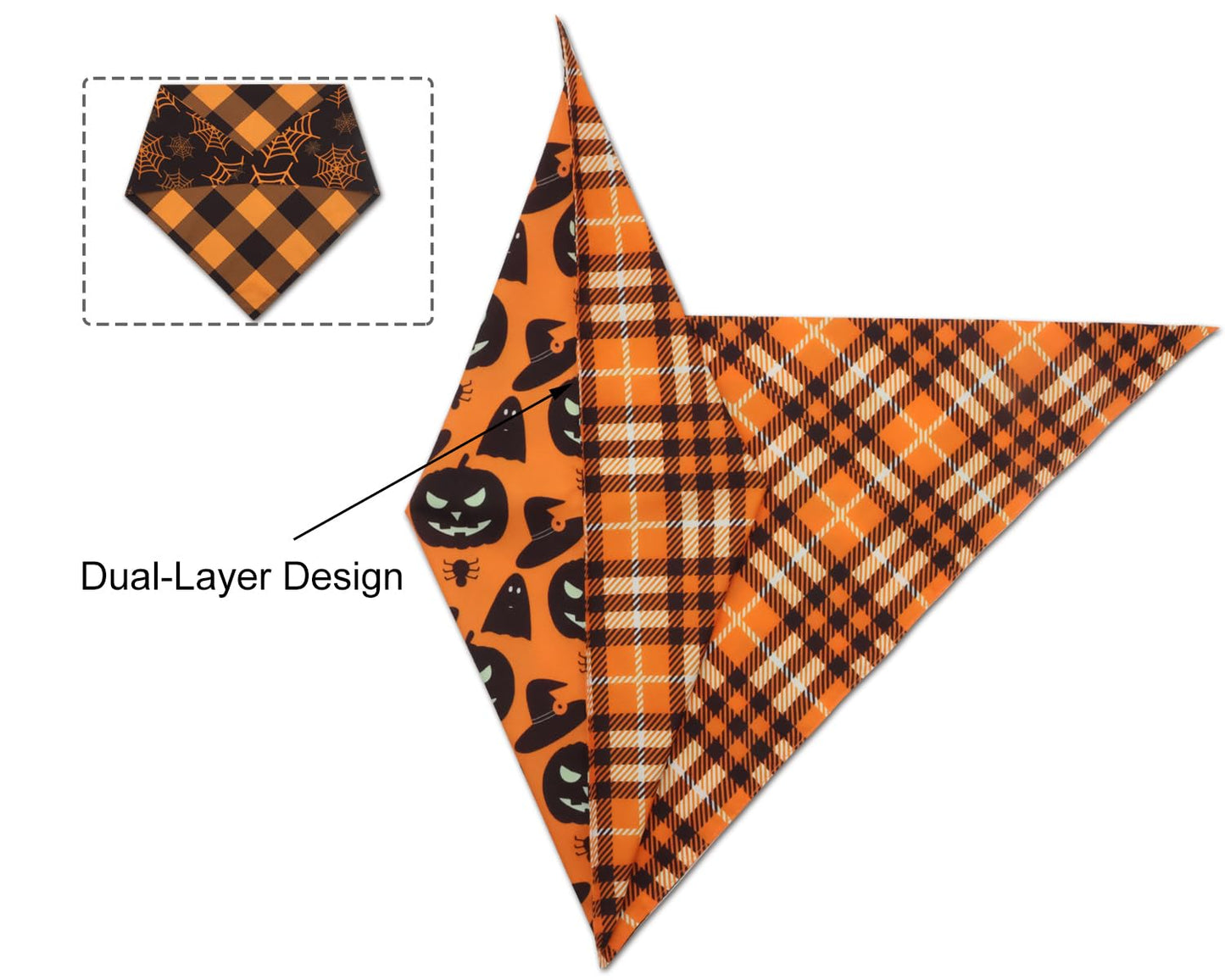 2PCS Fall Dog Bandanas,Halloween Dog Bandanas,One Side Orange Plaid,The Other Side Pumpkin or Spider Web Bibs,Holiday Pet Scarf for Boy and Girl Dogs,Thanksgiving Pet Outfit for Medium to Large Dogs