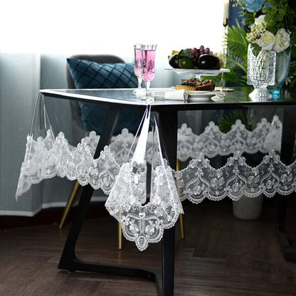 Clear Plastic Waterproof Tablecloth, Vinyl PVC Rectangle Table Cloth with Lace Macrame, Oil Spill Proof, Table Cover for Dining Tables, Parties and Holidays (White, 60 x 98 Inch)