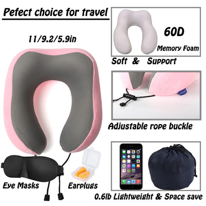 Travel Pillow,Travel Neck Pillows for Sleeping,100% Pure Memory Foam Soft Comfort & Support Pillow for Airplane/Car/Office&Home Rest Use-Pink