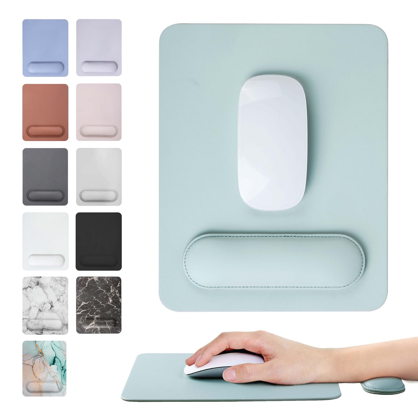 HABITU Vegan Leather Sage Green Mouse Pad with Removable Magnetic Wrist Support & Anti-Slip Base, Ergonomic Mouse Pad with Wrist Rest, Cute Office Desk Accessories for Women and Men