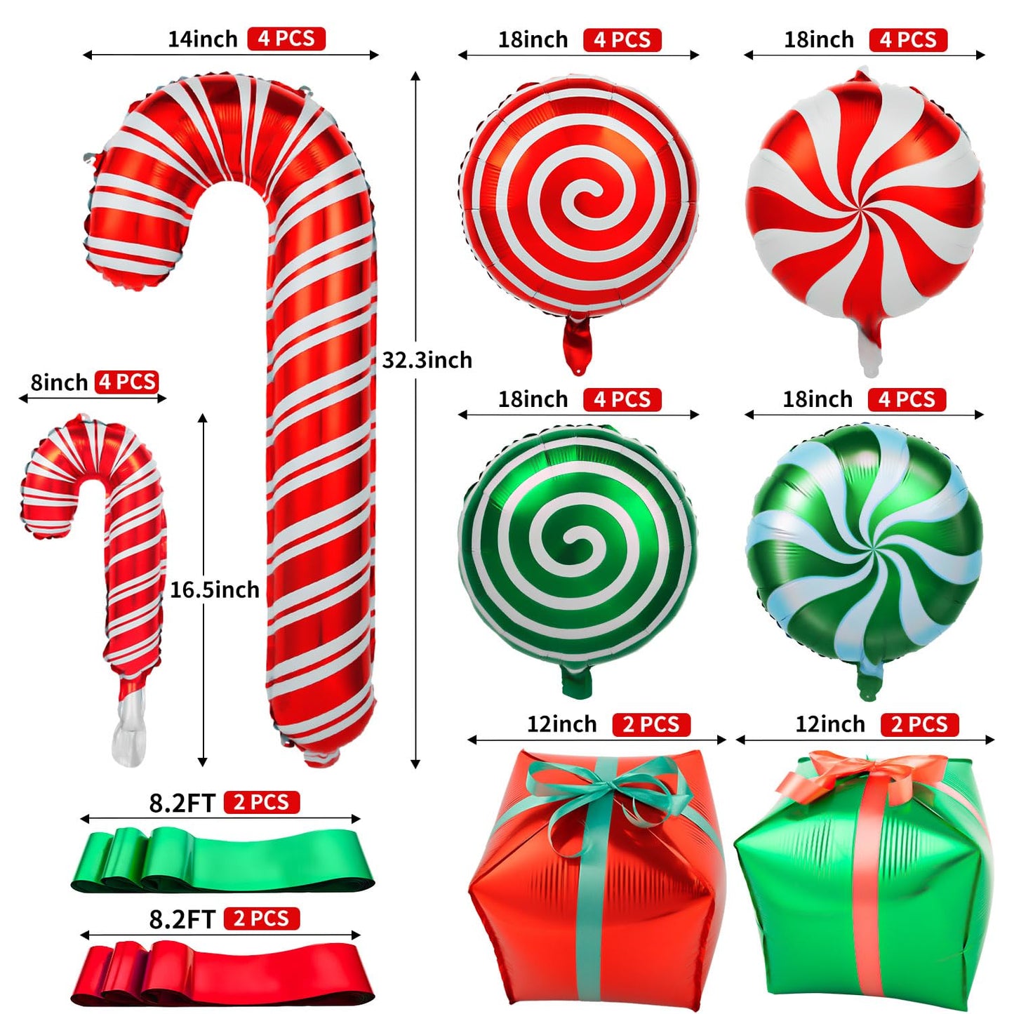 32Pcs Christmas Balloons, Christmas Candy Cane Foil Balloons with Ribbons, Red Green Mylar Balloon for Party Decorations