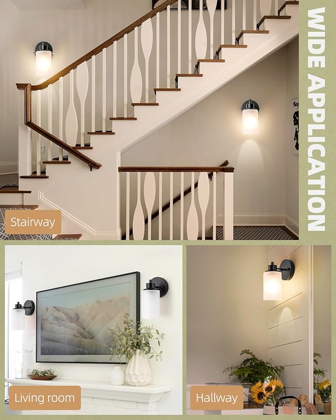 3 Pack Black Farmhouse Wall Sconces Light, Indoor Bath Vanity Light Fixtures with White Frosted Glass Shade, Modern Bathroom Wall Mounted Lights E26 Base Lamp for Bedroom, Porch, Kitchen