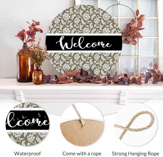 Welcome Sign Front Door Decoration Retro Floral Pattern 12in Round Wooden Hanging Sign for Home Garden Farmhouse Yard