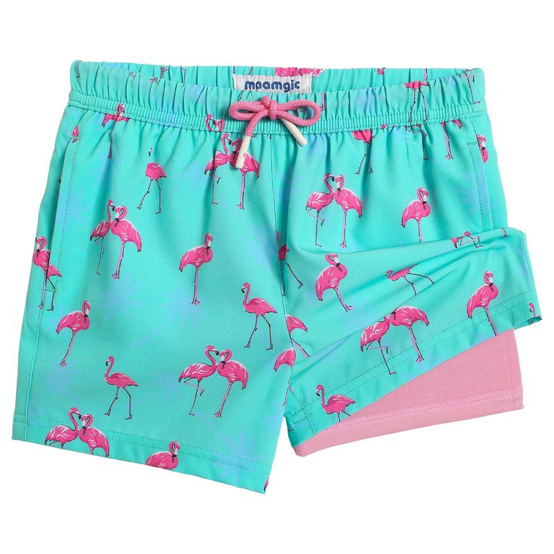 maamgic Boys Swim Trunks with Compression Liner Toddler Stretch Swim Shorts Quick Dry Swimming Trunks Boxer Brief 2 in 1 Beach Shorts Blue Flamingos 5/6