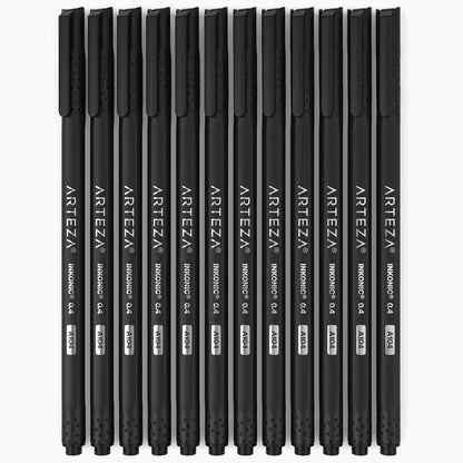 ARTEZA Black Inkonic Fineliners Pens, Set of 12, 0.4 mm Fine Tip Markers, Water-Based Art Pens for Drawing, Sketching, Journaling, Calligraphy