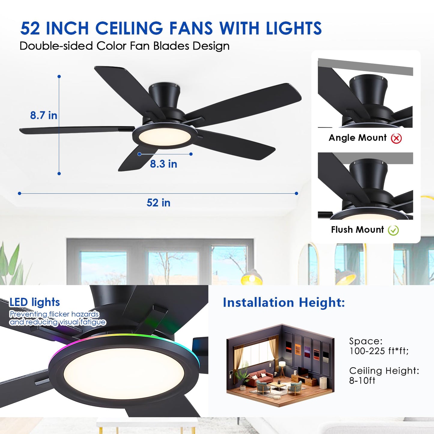BYKISTOK Flush Mount Ceiling Fan with RGB Light - 52In Black Ceiling Fan Light with Reversible Mute Motor, LED 3CCT Dimmable, Low Profile Modern Ceiling Fans for Indoor, Party, Covered Outdoor