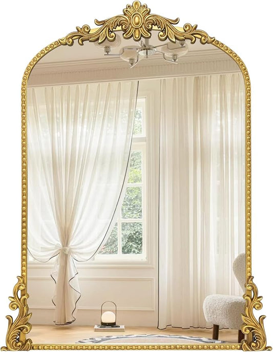 Growsun Vintage Gold Arched Mirror, 24’’x36’’ Antique Baroque Ornate Wall Mirror Decor with Full Metal Frame for Fireplace/Entryway/Living Room/Bathroom