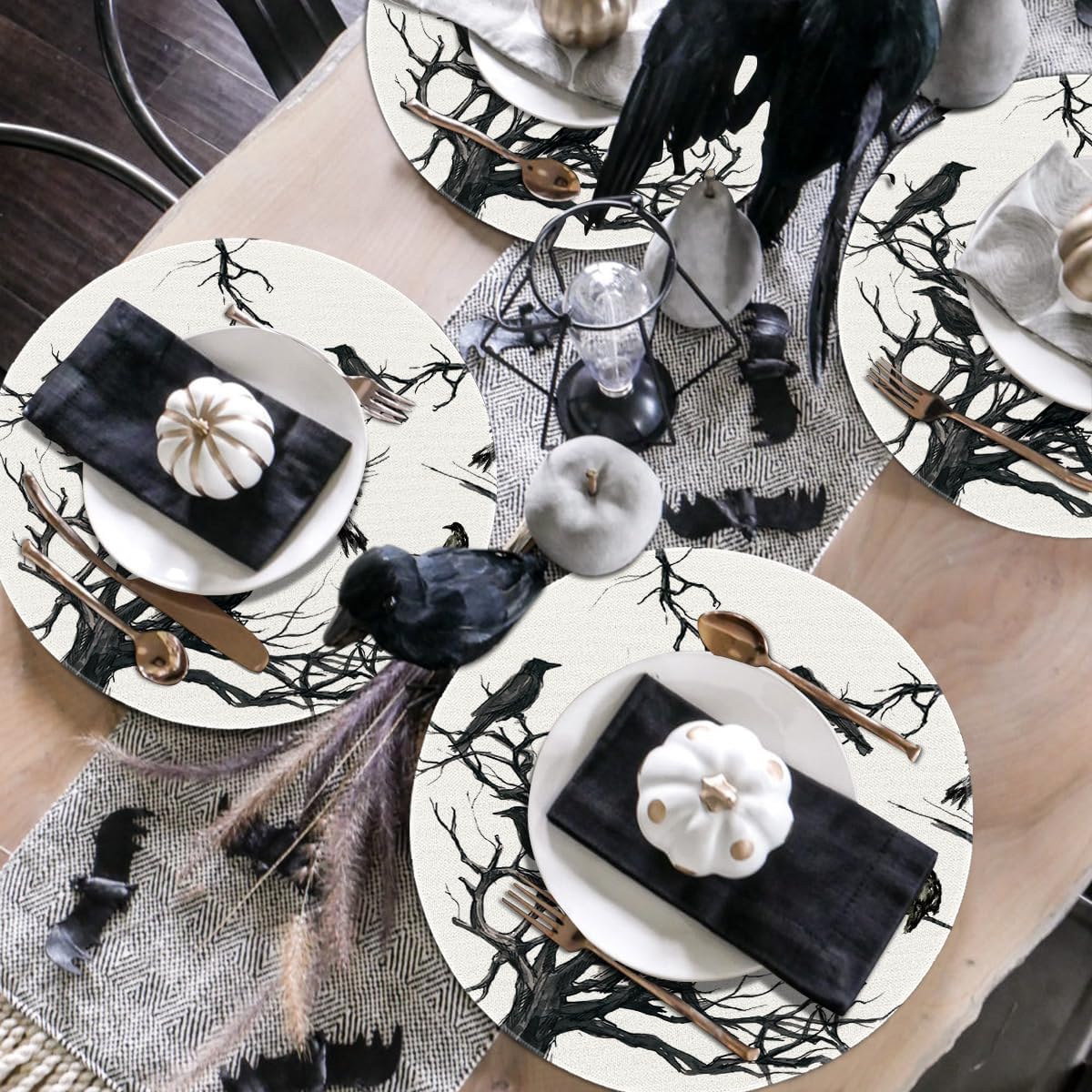 Artoid Mode Silhouette Tree Crows Halloween Round Placemats Set of 4, 14 Inch Fall Round Table Mats for Dining Decoration
